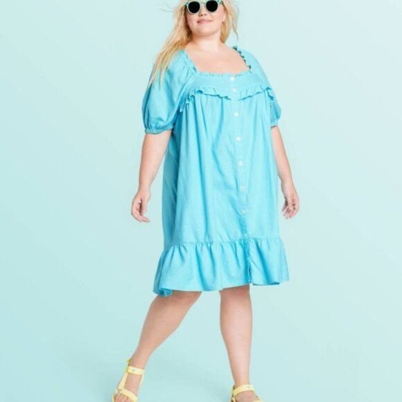 STONEY CLOVER LANE x TARGET BLUE LINEN RUFFLE DRESS SIZE 3X - Picture 1 of 7